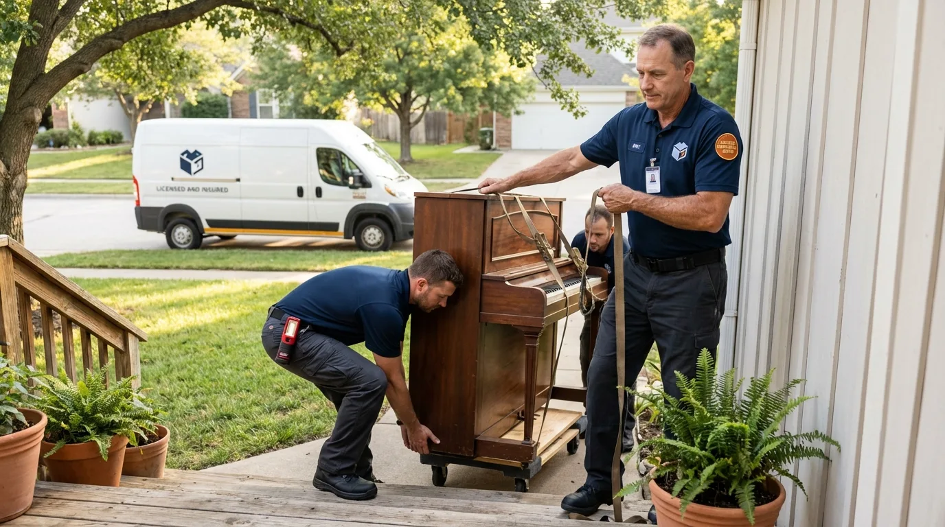 Licensed piano movers securing grand piano in Cheney, WA