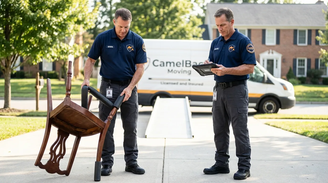 Movers inspecting furniture for damage prevention before loading in Cheney, WA